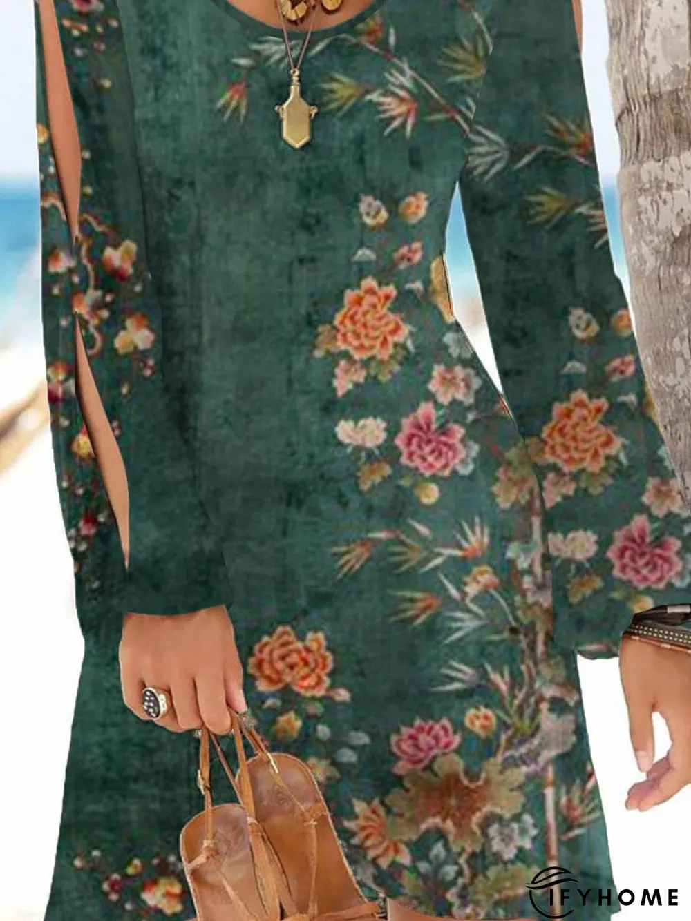 Cotton-Blend Vintage Long Sleeve Crew Neck Knitting Dress | IFYHOME
