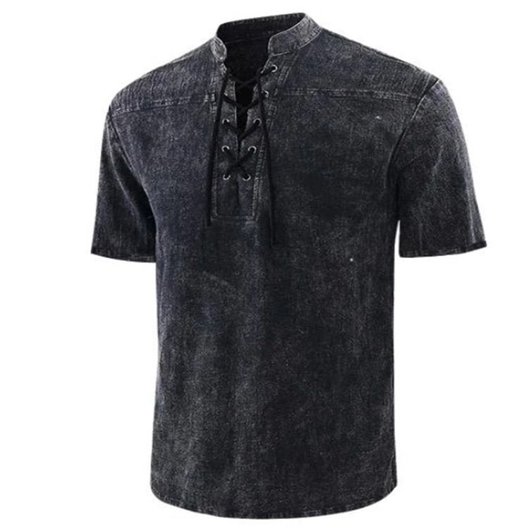 Luckstylish™ Men Gothic Retro T Shirt Lace-up V-neck Linen Pocket Short Sleeve Tee Shirt Loose Tops