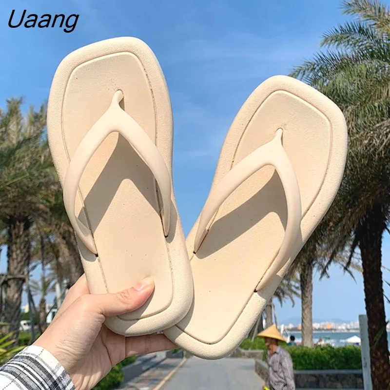 Uaang INS Fashion Summer Shoes For Women Slippers Square Head Platform Flip Flops Solid Color Beach Shoes Clothing For Women
