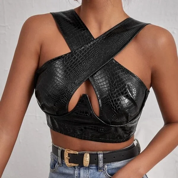 wsevypo Sexy Black PU Leather Cross Tank Tops Fashion Women Cut Out Hollow Bustiers Crop Tops Fall Club Halter Wrap Tube Tops