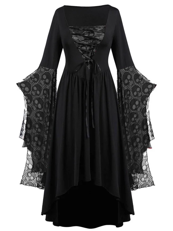 Skull Lace Paneled Lace Up Long Bell Sleeve Dress