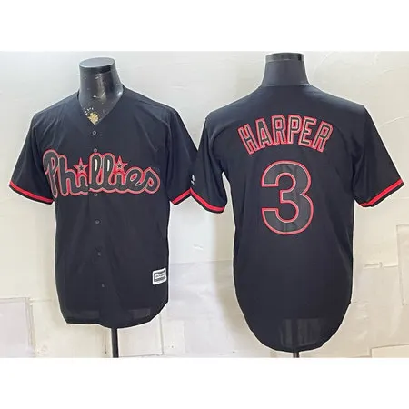 Men's Philadelphia Phillies #3 Bryce Harper Black Cool Base Stitched Baseball Jersey KK8H