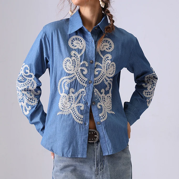 Women's Floral Embroidery Shirt French Style Long Sleeve Shirt 100% Cotton