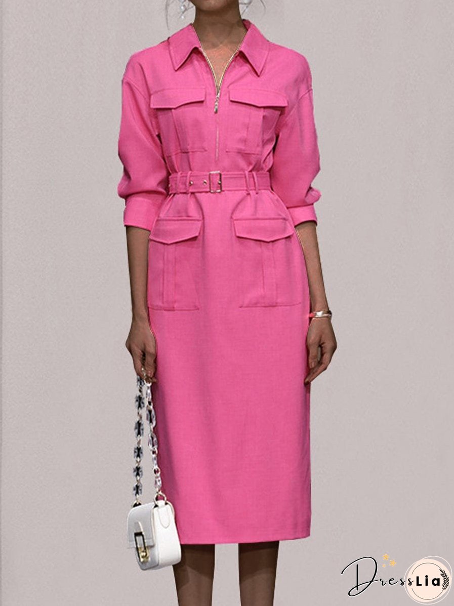 Pink Belted Midi Shirt Dress