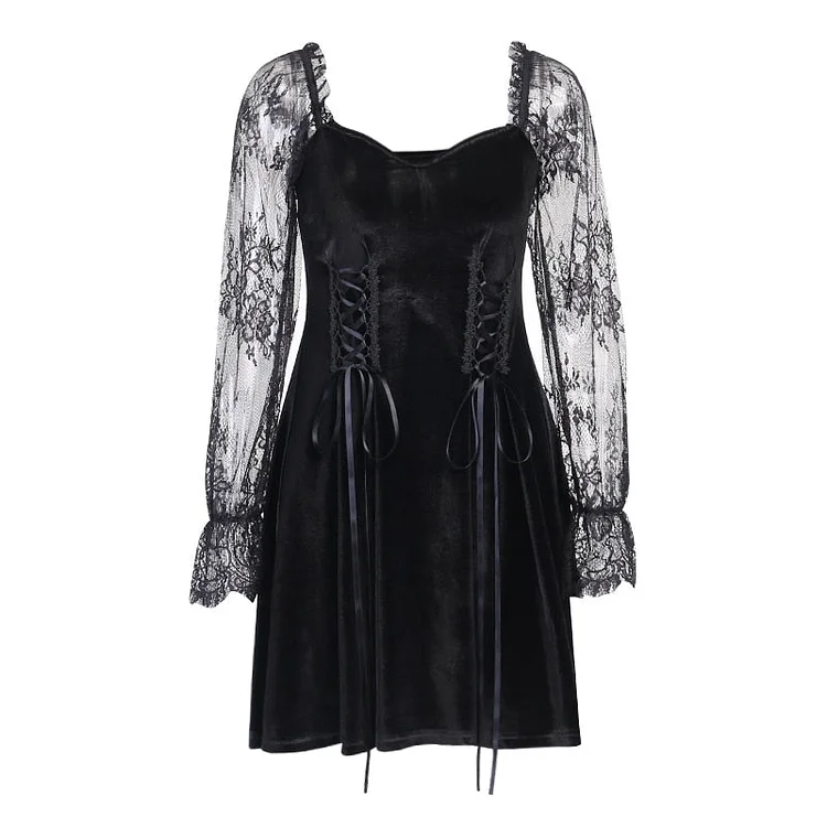 InsDoit Goth Lace Patchwork Black Dress Gothic Lolita High Waist A Line Dress Vintage Elegant Lace Up Mini Dress Party Outfits