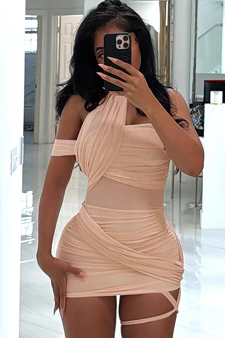 Asymmetrical Mesh Halter Neck Ruched Bodycon Mini Dresses-Beige
