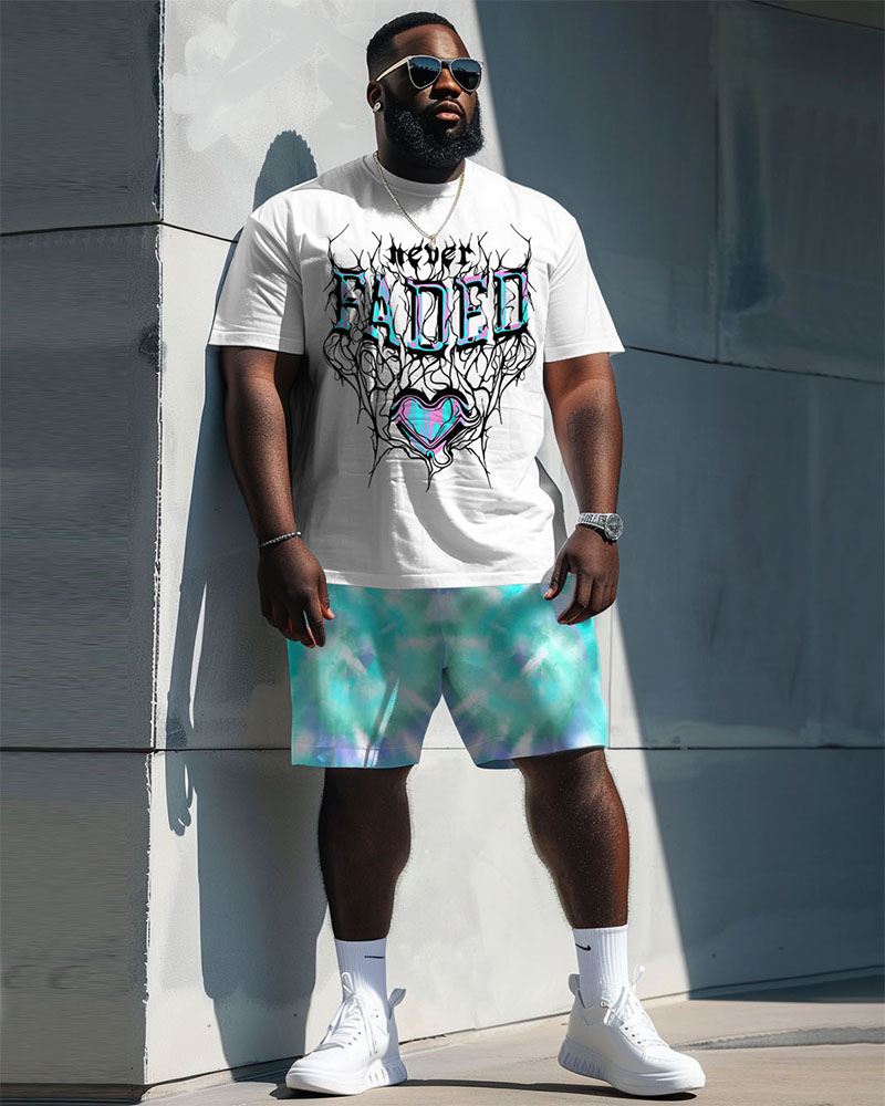 Men's Plus Size Street Casual Love Faded Alphabet Print T-Shirt Shorts Suit