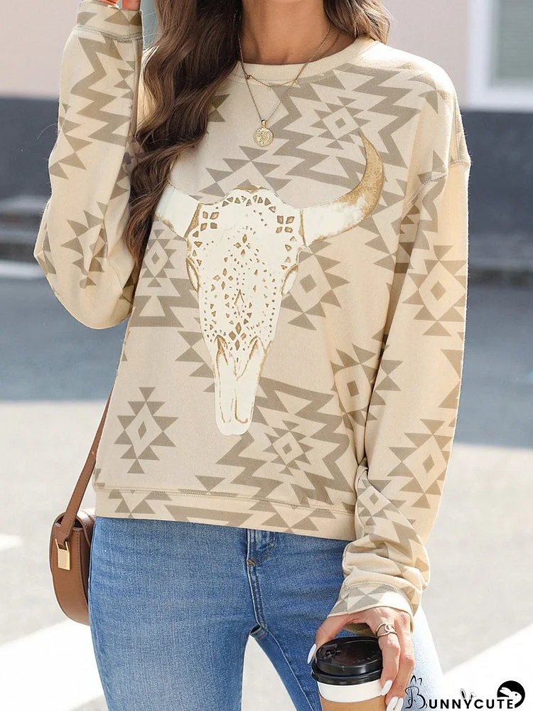 Steer Head & Aztec Print Western Pullover Sweatshirt