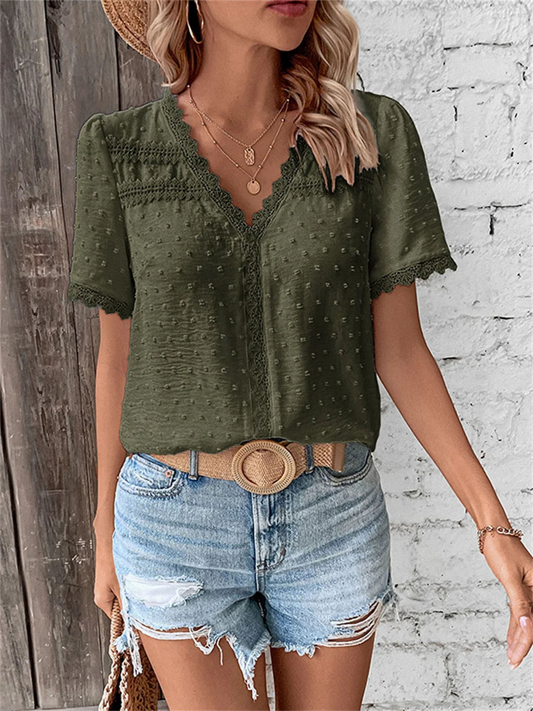 Women Short Sleeve V-neck Solid Color Lace Tops
