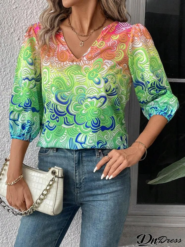Women's V-Neck All-Over Allover Print Ombre Casual Shirt, Summer