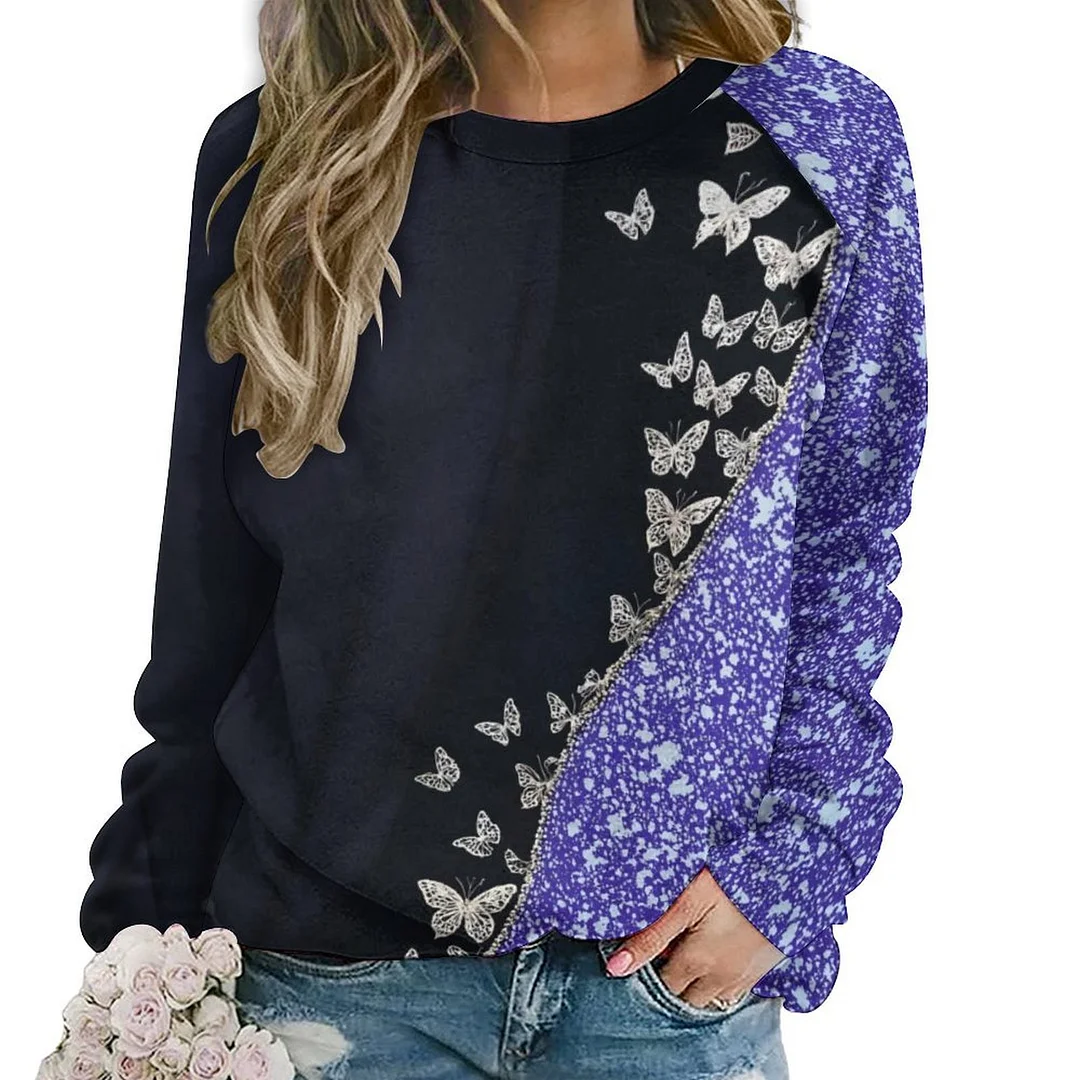 Printed Long Sleeve Casual Sweatshirt for  Women and Men Unisex Pattern Purple, Butterfly, Glitter