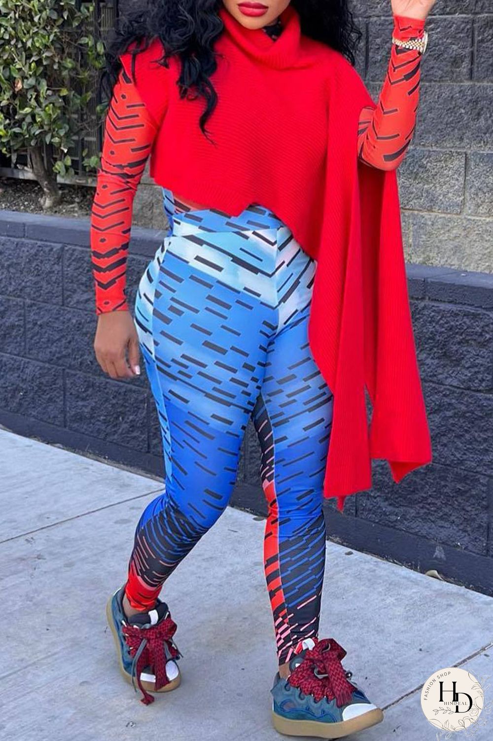 Red Street Solid Patchwork Slit Asymmetrical Turtleneck Tops