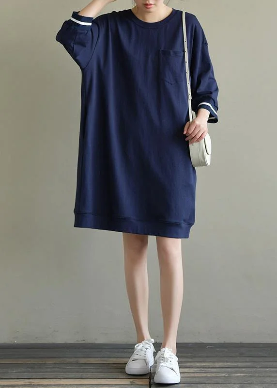 Elegant o neck patchwork Cotton for women Fashion Ideas navy striped Dresses spring