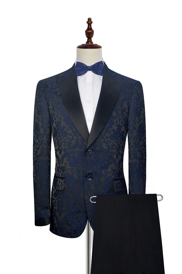 Bellasprom Dark Navy Jacquard Prom Suits Black Silk Peak Lapel Mens Suits for Weddings Bellasprom