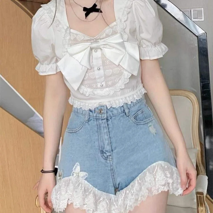 Cute Summer Lace Set High Waist Shorts Bow Top SP16192