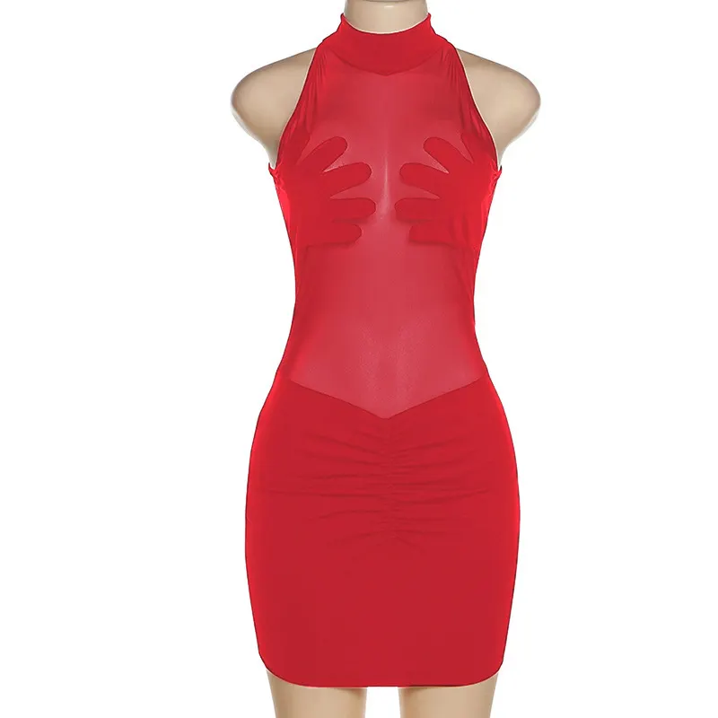 Uveng INS 2024 Summer New Women's Fashion Round-Neck Sleeveless Sexy Perspective Fit-Up Kite