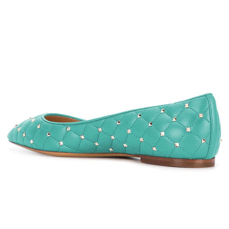 Cyan Quilted Pointy Toe Comfortable Flats with Studs Vdcoo