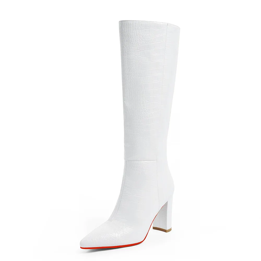 95mm/3.75 inch Women's Knee High Boots Thick Faux Alligator Boots Thick Heel Pointed Toe Red Bottom Boots