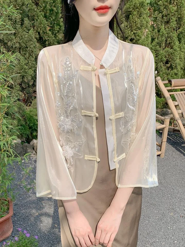 Athvotar Athvotar Chinese Sunscreen Shirt Women 2025 Summer New Hit Color National Wind Top With Sling Belt Thin External Air Conditioning Open Shirt