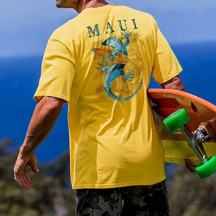 Short-Sleeve Gecko Watercolor Pineapple Crewneck T-Shirt- 3eb3
