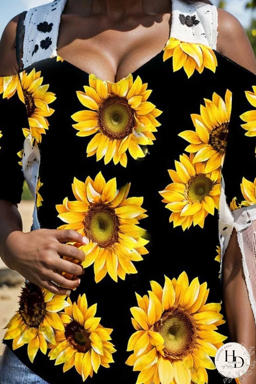 sunflower print off shoulder hollow wide shoulder strap t shirt