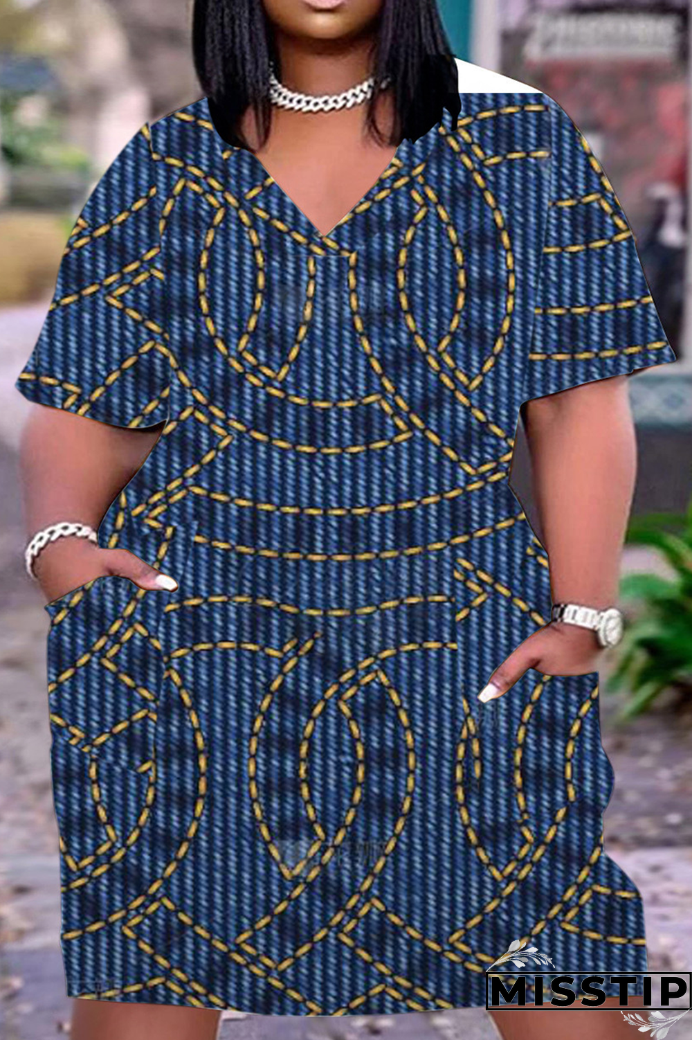 Cowboy Blue Casual Street Vintage Print Make Old Pocket Neck Line Plus Size Dress