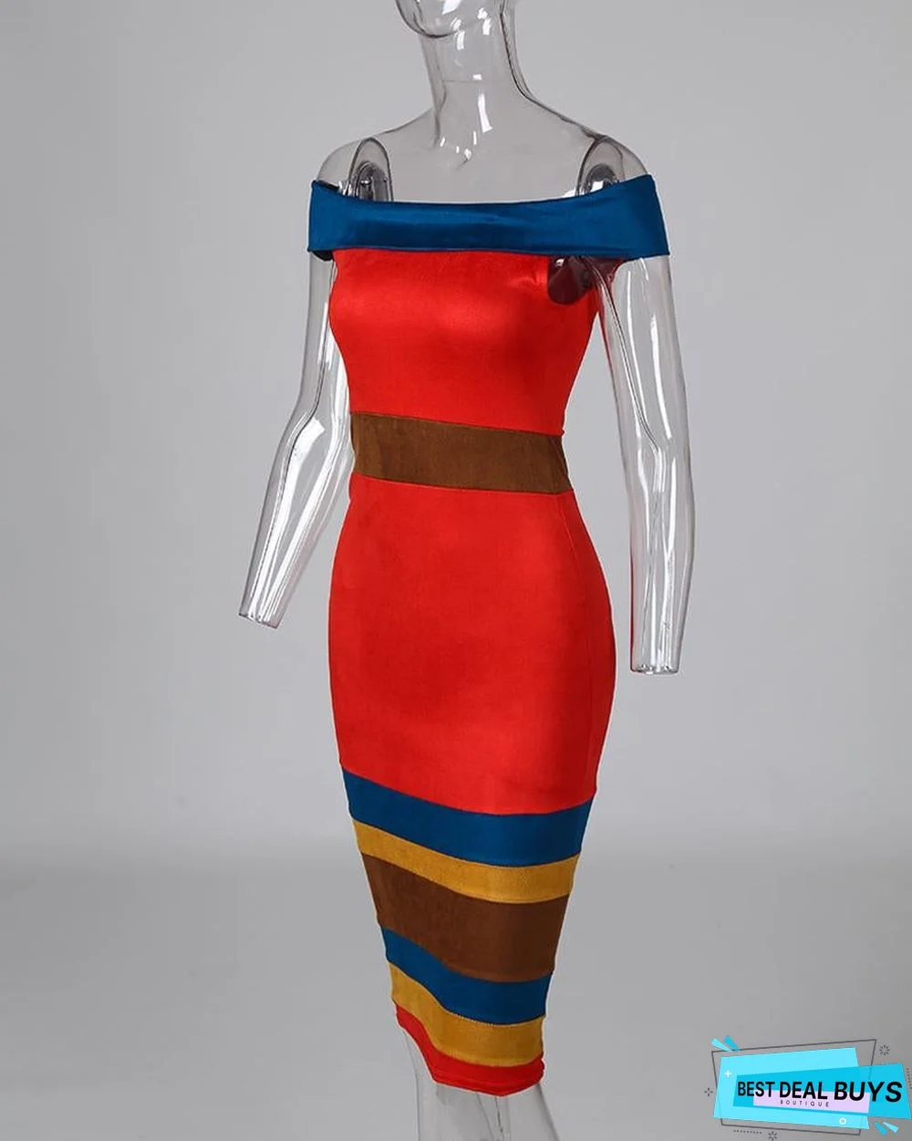 Off Shoulder Color Block Insert Bodycon Dress