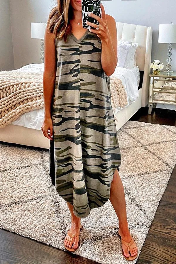 Camouflage V-neck Sleeveless Midi Dress P10441
