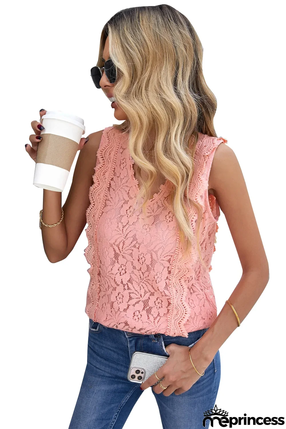 Pink Lace V Neck Tank Top