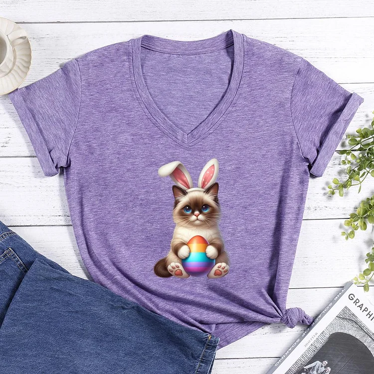 Happy Easter from cat with bunny headband V-neck T Shirt-0025237