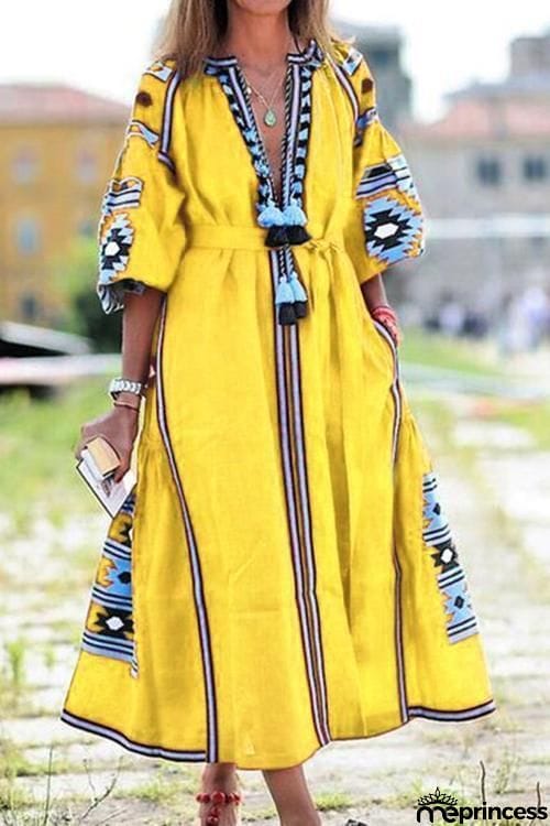 Ethnic Print Pom Pom Maxi Dress
