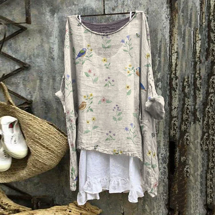 Vintage Flower Birds Art Cotton Linen Round Neck Casual Shirt