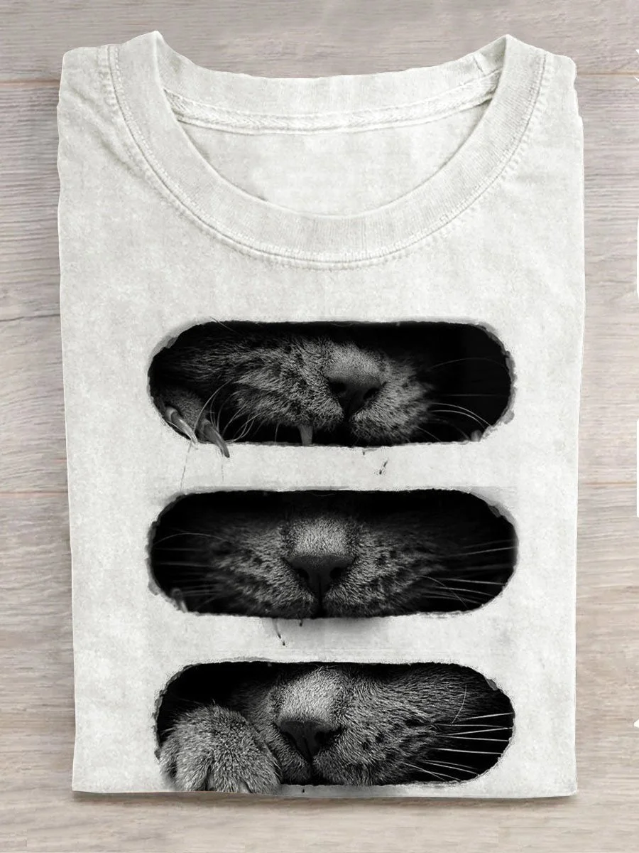 Eagerlys Retro Cat Funny Art Print Casual T-shirt Eagerlys