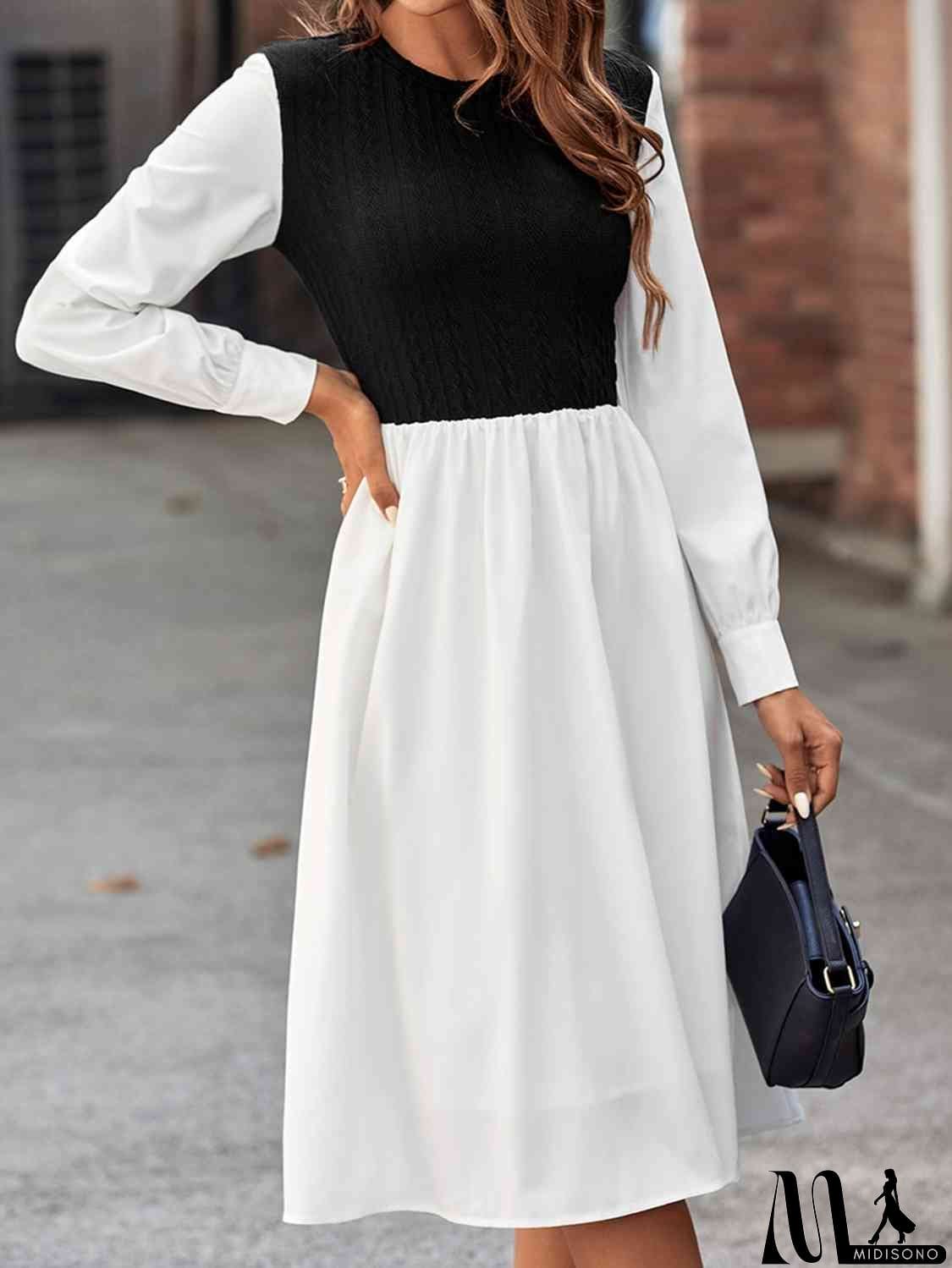 MidiSono - Contrast Round Neck Long Sleeve Dress