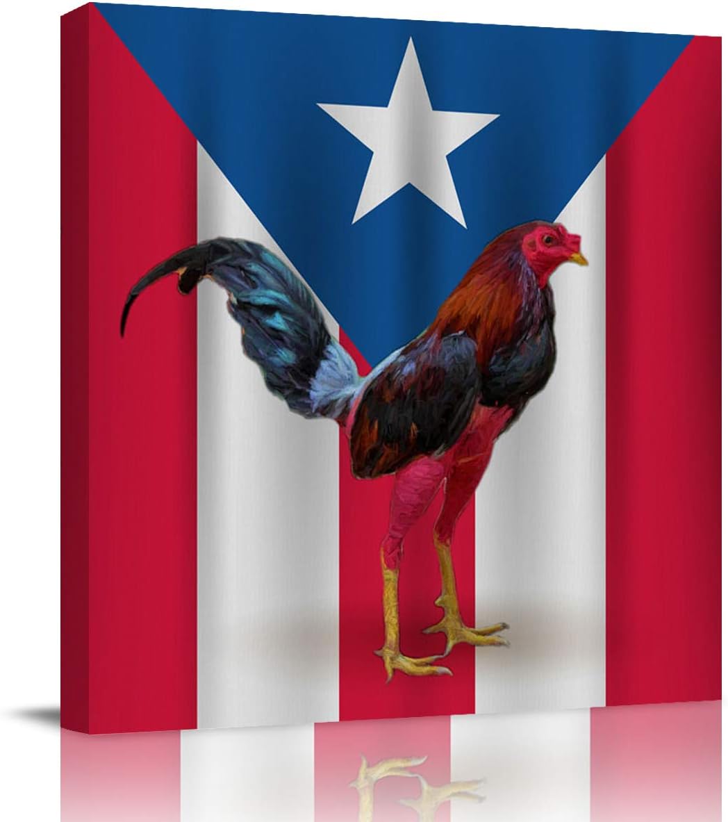 Canvas Wall Art - Canvas Prints Wall Decor for Bathroom - Puerto Rico Flag Chicken Canvas Picture Poster for Room Aesthetic, Framed Artworks for Home Bedroom Living Room, 24 inch x24 inch , Square 24&#034;x24&#034;