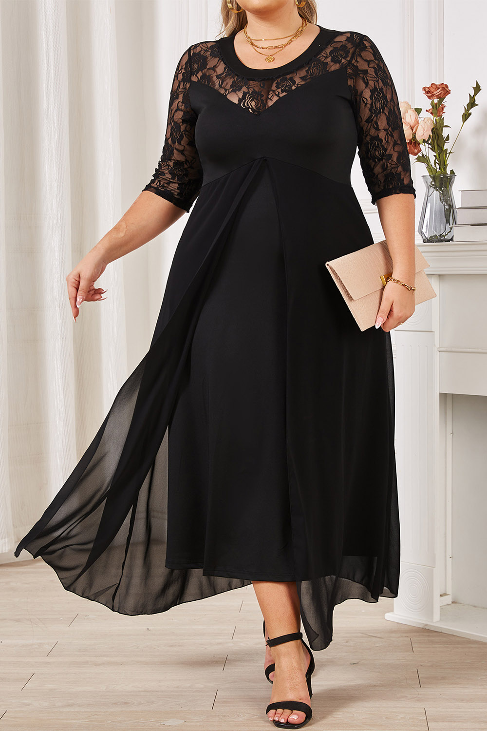 Plus Size Mother Of The Bride Black Lace Half Sleeve Layered Maxi Dress 2024 - Flycurvy 