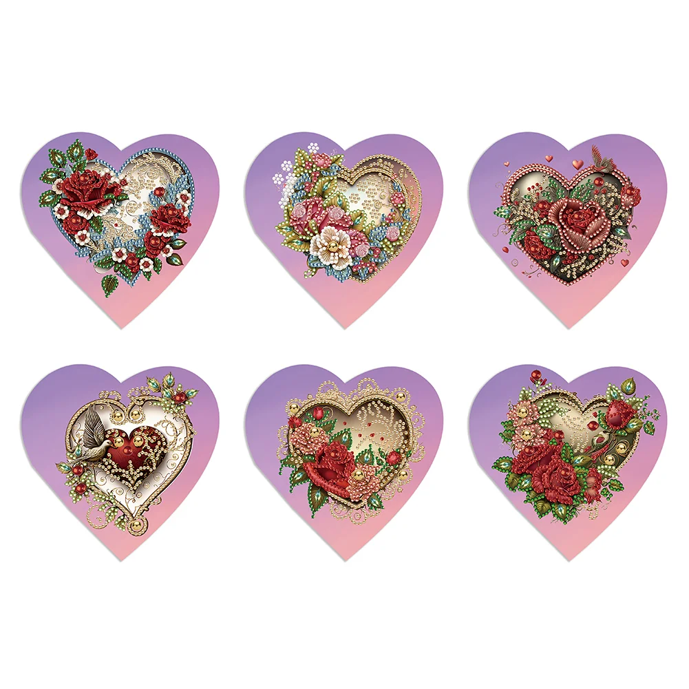6 Pcs Heart Rose Christmas Special Shape Diamond Painting Greeting Card Kit