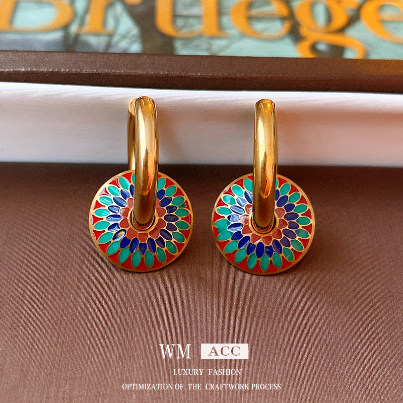 Women Medieval Circle Geometric Titanium Steel Oil Dripping Earrings