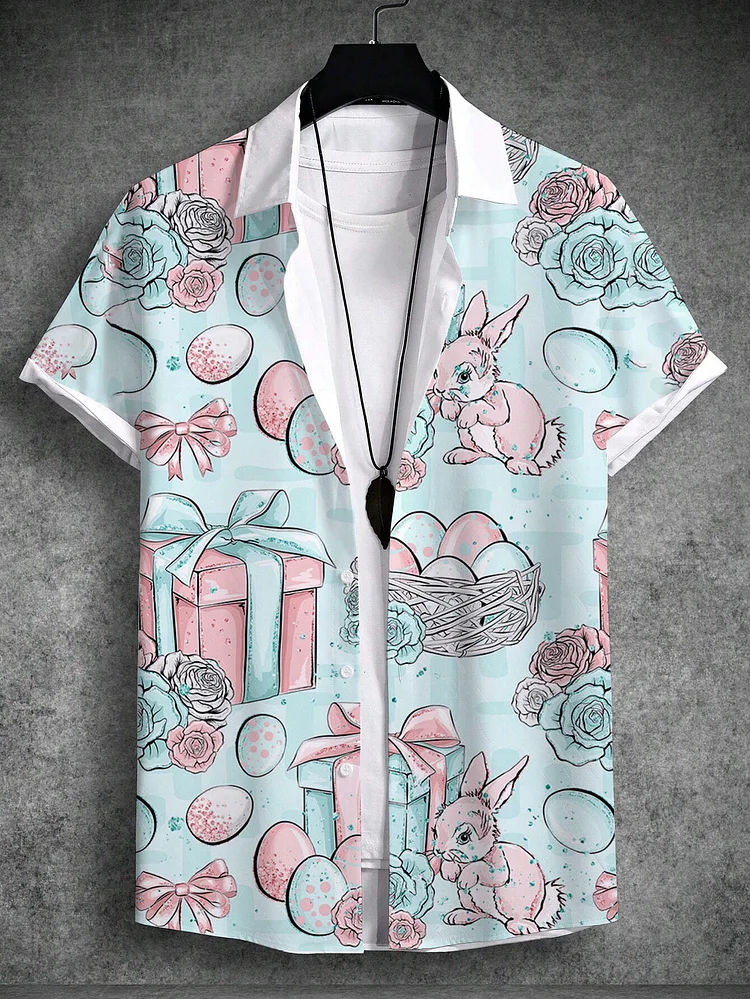 Kakacloud Unisex Shirt Summer Hawaiian Shirt Rabbit Egg Happy Easter Turndown Outdoor Street Short Sleeve Button-Down Print Men's Clothing