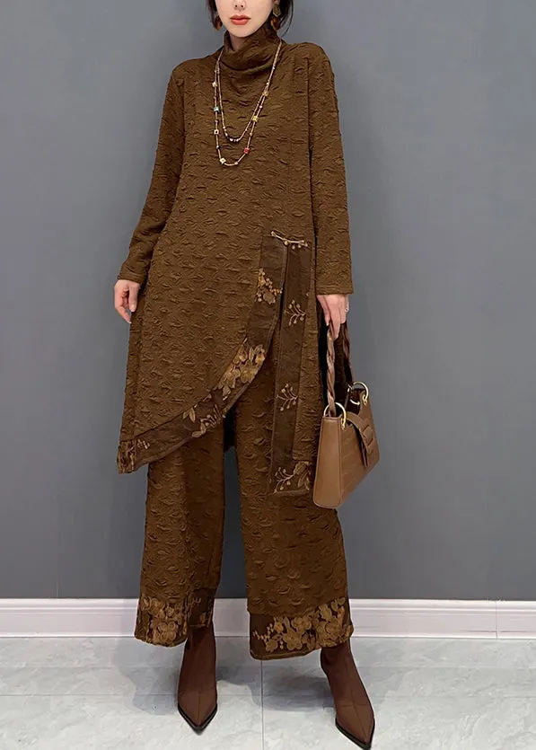 Chic Chocolate Turtleneck Print Top And Pants Two Pieces Set Spring