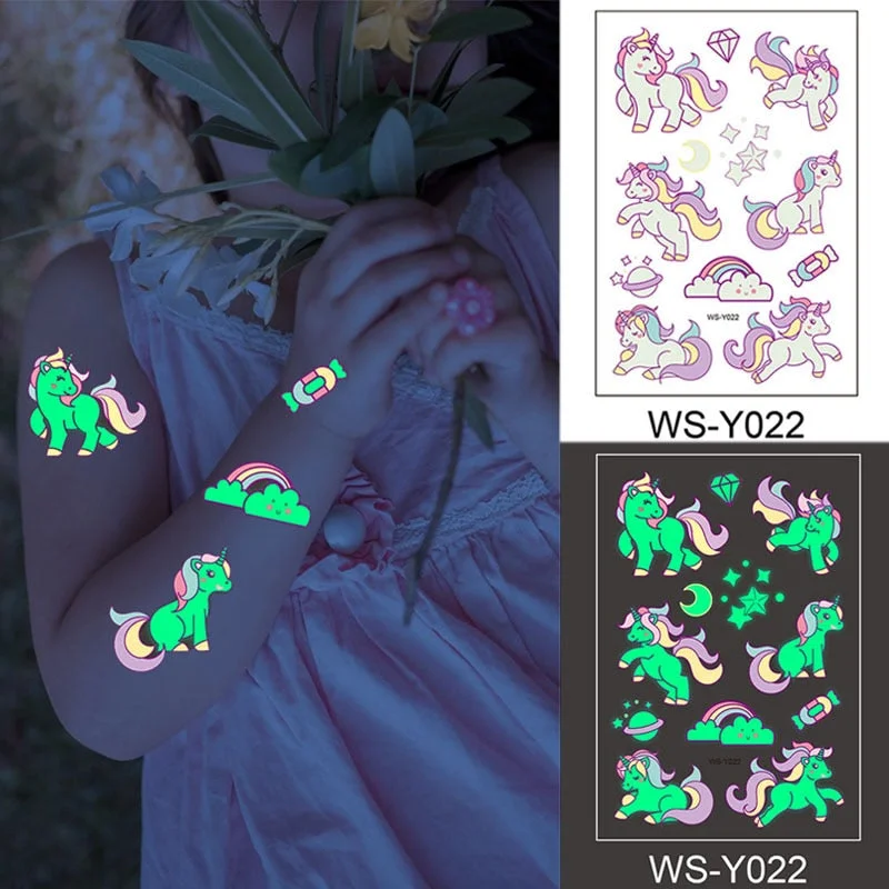 10pcs/Lot Luminous Night Children Temporary Fake Tattoos Dark In Glow Animal Cartoon Car Fairy Mermaid Space Tiger Kids Sticker