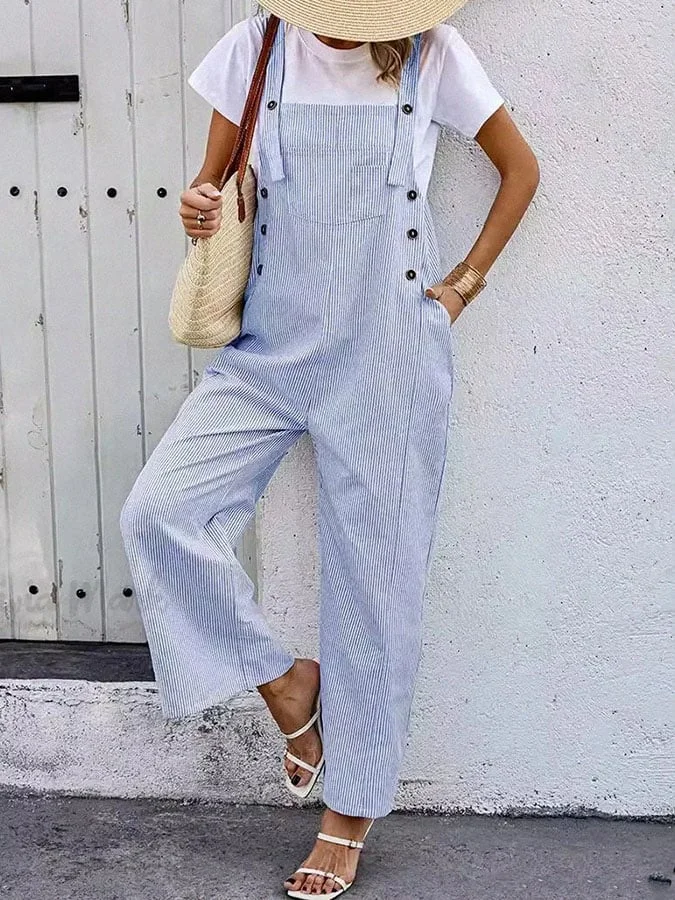 Women's Casual Striped Printed Button Cotton and Linen Overalls