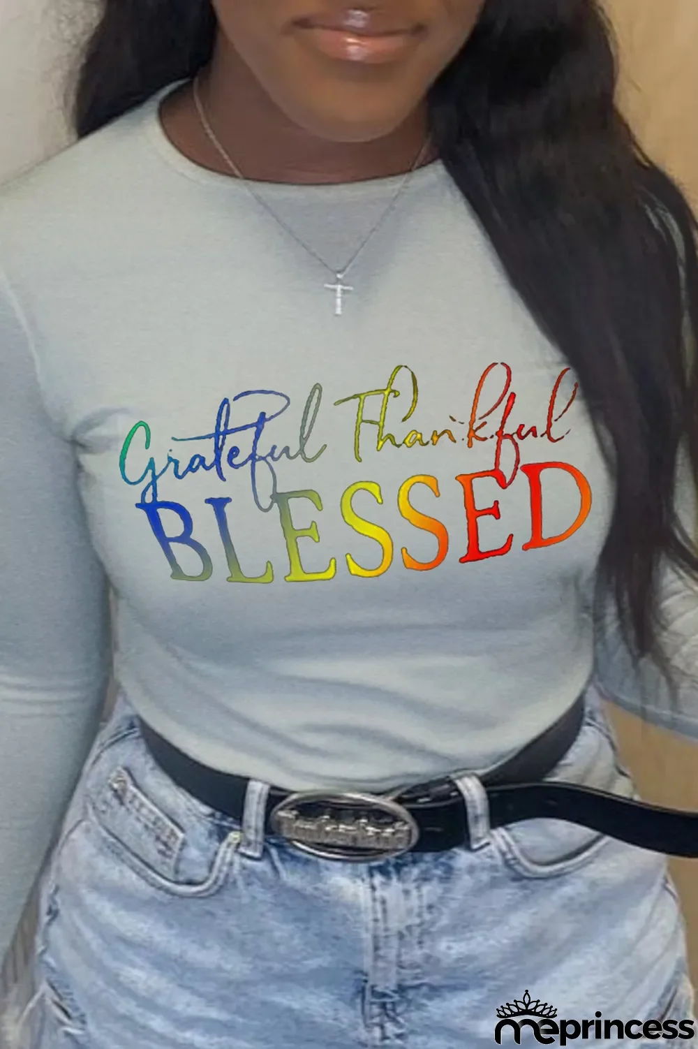 Grey Casual Print Letter O Neck Tops