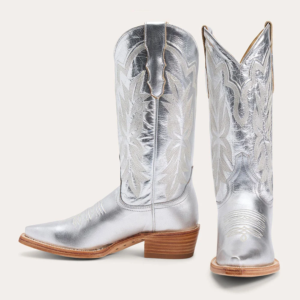 Silver Embroidered Snip Toe Stacked Heel Cowboy Boots for Women