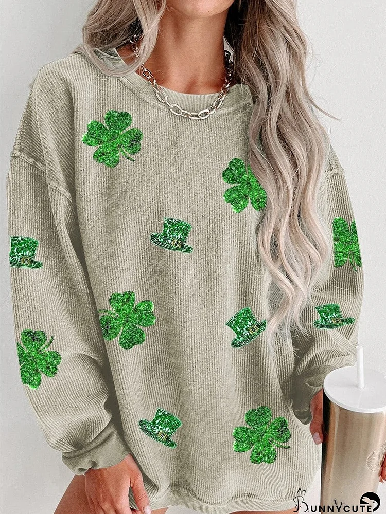 Lovely Corduroy Sweatshirt with Green Sequin Clovers and Hats