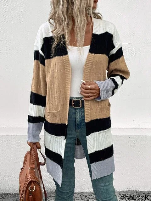 Color Block Open Front Drop Shoulder Cardigan