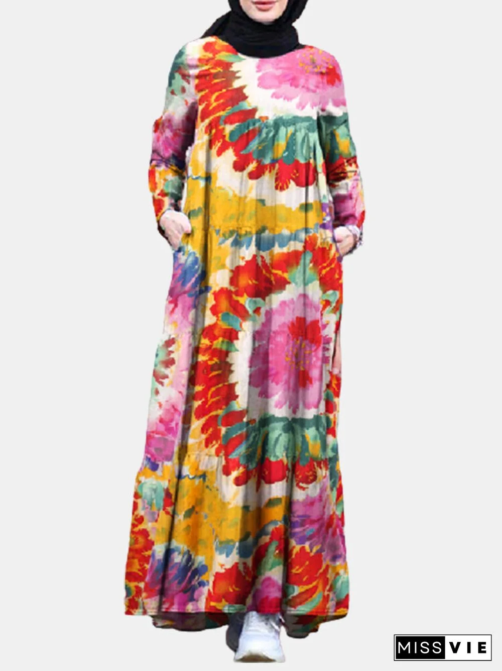 Colorful Calico Print Long Sleeve Dress With Pocket Women