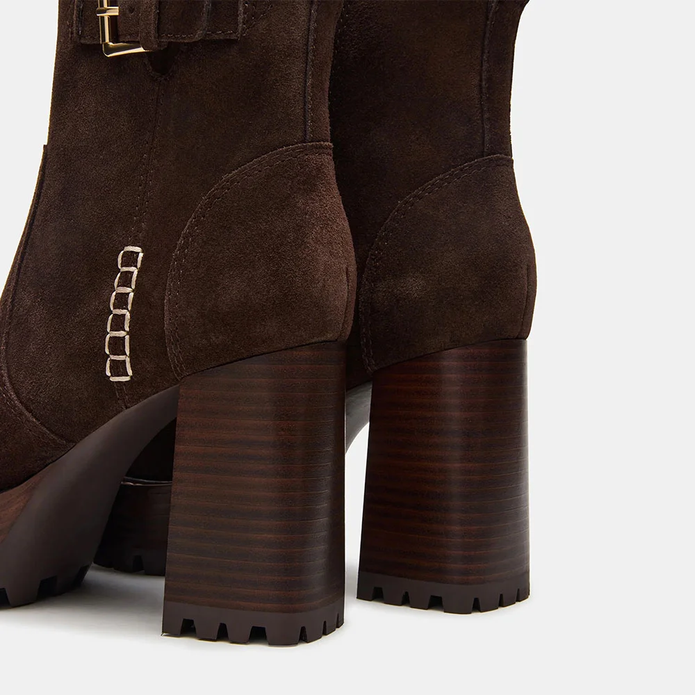 Dark Brown Square Toe Block Heel Side Zipper Buckle Platform Booties