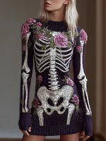 Woman's Round-necked Knitted Sweater Dress With A Skeleton Design Combined With Plant And Flower Patterns For Halloween.