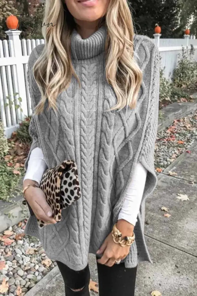 Ingvn - High Neck Loose Cable Knit Pattern Stitching Sweater(7 Colors) S / Gray Tops